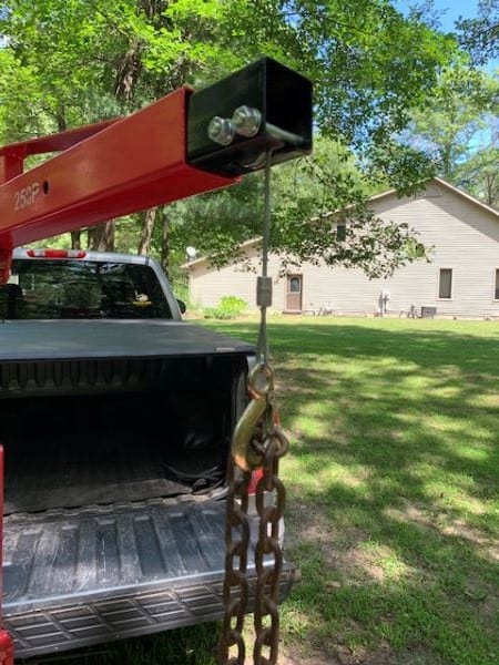 close up of truck crane cable winch lowered a few inches